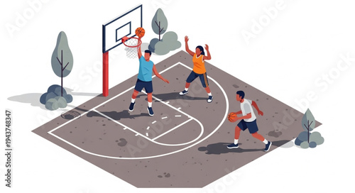 Young Men Playing Basketball Together.