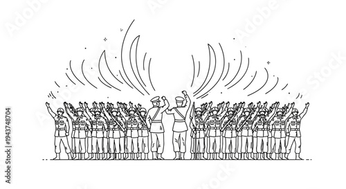 Celebration of Victory: Soldiers Raising Arms in Triumph with Fireworks