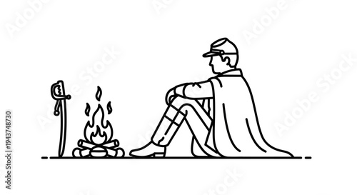Civil War Soldier Sitting by Campfire with Sword, Historical Illustration