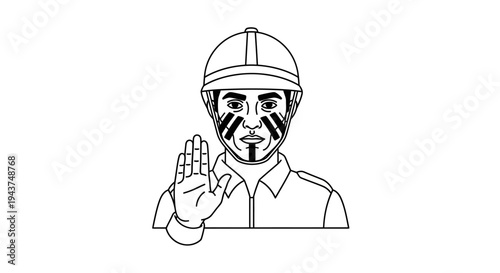 Construction worker with face paint signaling stop, safety, and warning.