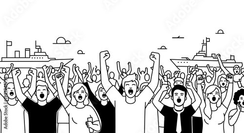 Crowd Protesting with Ships in Background