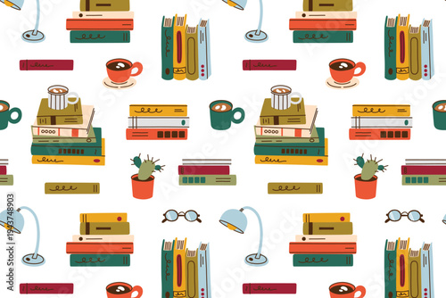 Cozy reading seamless pattern with flat cartoon book stacks, coffee cups, lamp and reading glasses. Bookstore and library theme, book lover wrapping paper vector illustration