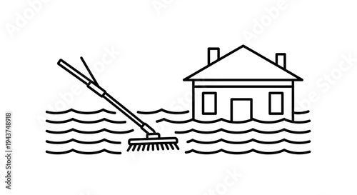 Flood damage cleanup: House submerged in water, person cleaning with mop
