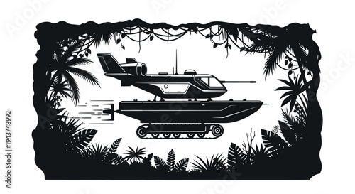 Futuristic Amphibious Tank with Helicopter Rotor in Jungle Silhouette