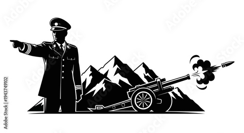 Military Commander Directs Artillery Fire with Mountain Background and Cannon Firing