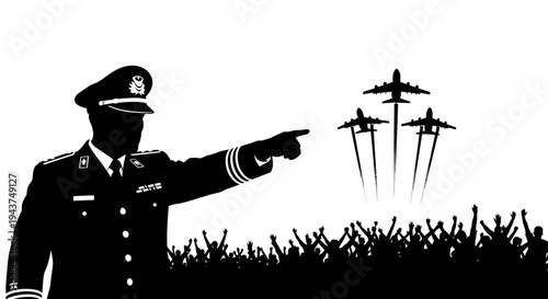 Military Commander Directs Airplanes Over Cheering Crowd, Symbolizing Leadership and Support