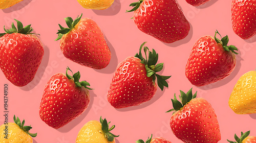 Fresh red strawberry and yellow strawberry pattern on pink background, bright playful summer mood
