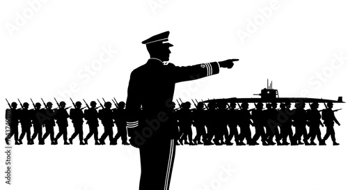 Military Commander Directs Submarine Fleet and Marching Soldiers
