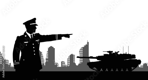Military Commander Directs Tank in Ruined City Silhouette
