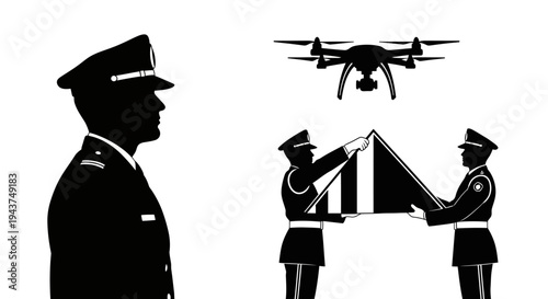 Military Drone Surveillance and Flag Ceremony with Officer Silhouette