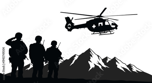 Military Helicopter and Soldiers Silhouette Against Mountains