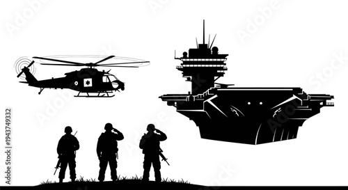 Military Helicopter, Aircraft Carrier, and Soldiers Saluting - Navy and Air Force Power