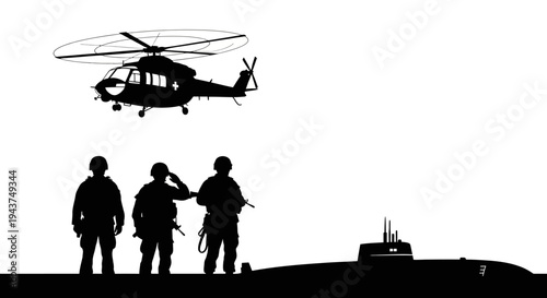 Military Helicopter, Soldiers, and Submarine Silhouette - Defense and Security Concept