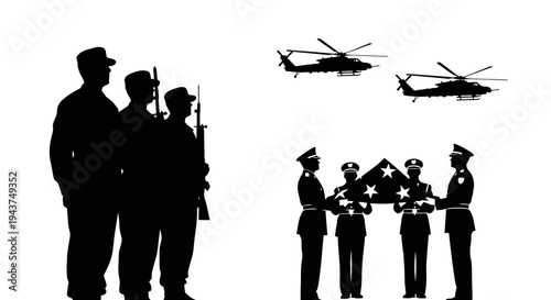 Military Honor Guard and Helicopters Silhouette - Funeral Ceremony