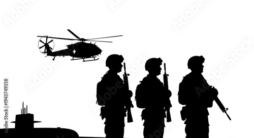 Military Helicopter, Submarine, and Soldiers Silhouette - National Security and Defense Concept
