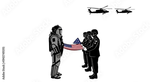 Military Honor Guard Presents Flag to EOD Technician with Helicopters Overhead