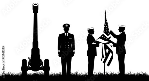 Military Honor Guard with Cannon and Flag Ceremony Silhouette