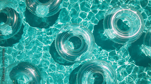 Transparent inflatable ring floating on turquoise pool water with sunlight reflections, relaxed summer vibe
