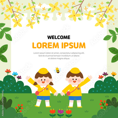 Spring kindergarten welcome poster with cute children illustration