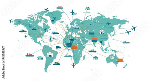 World Map with Transportation Icons.