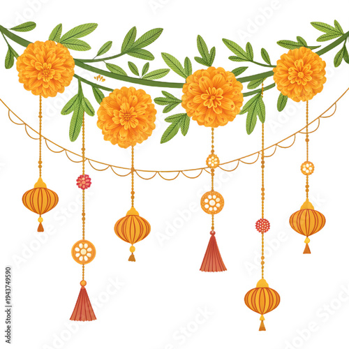 An orange marigold garland with green leaves features hanging lanterns and decorative circular discs with tassels against a solid black background.
