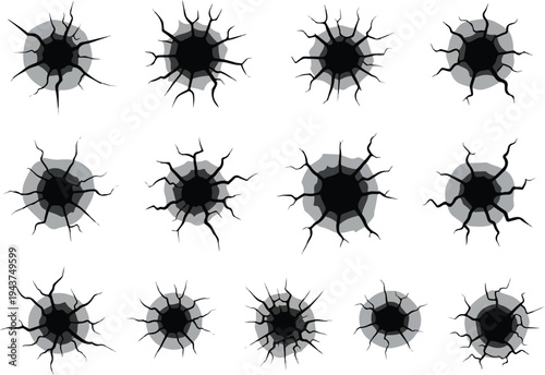 Collection of cracks and holes in a wall, abstract graphic, design elements