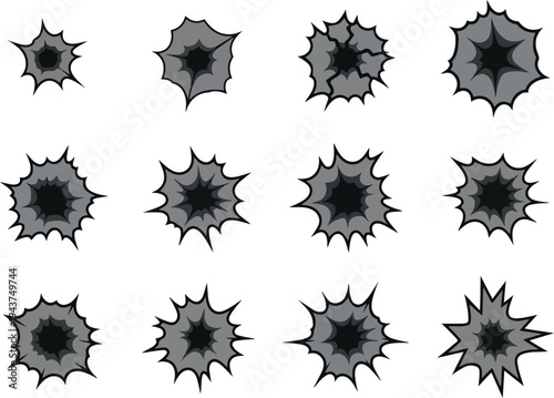 Collection of twelve bullet hole graphics in various sizes and styles for design applications