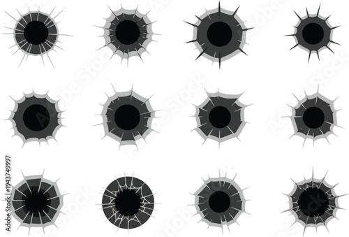 Collection of various bullet hole graphic designs on a white background with radiating cracks