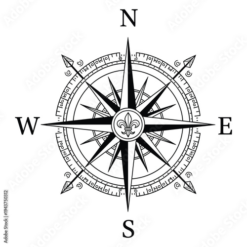 Vintage Compass Rose – Navigation Map Direction Symbol Flat Vector Illustration
