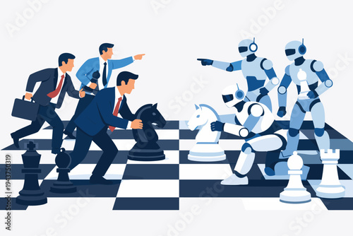 Businessmen team in suits competing against advanced robots on a giant chessboard, human vs artificial intelligence strategy concept, corporate competition and technology innovation vector