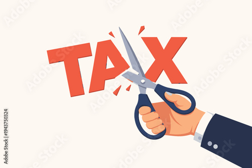 Businessman Hand in a Suit Cutting the Word TAX with Scissors, Flat Vector Illustration Representing Tax Cuts, Financial Relief, Economic Policy, Debt Reduction, and Fiscal Savings Concept Design.