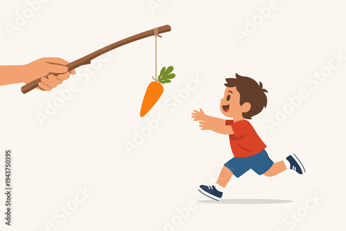 Vector Illustration of a Hand Holding a Carrot on a Stick as an Incentive for a Little Boy Running and Reaching to Catch It, Representing Motivation, Reward, Goal Setting, and Business Metaphor