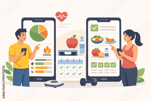 Man and Woman Using Health and Diet Tracking App on Smartphone for Nutrition Facts and Meal Planning. Flat Vector Illustration with Healthy Food, Fitness Equipment, Calendar, and Data Charts.