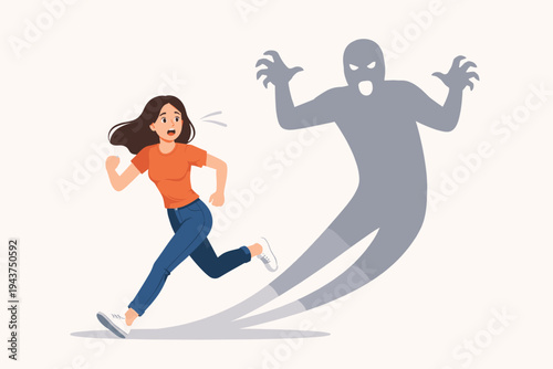 Scared young woman running away in fear from a terrifying monster shadow of a man, concept of anxiety, panic attack, phobia, mental health, domestic violence, and overcoming inner demons vector.