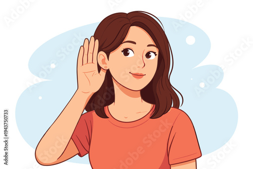 Vector illustration of a young woman with brown hair holding her hand near her ear to listen carefully, eavesdropping or paying attention, isolated on a blue background in a simple flat design.