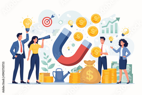 Business People with New Ideas Looking for Financial Support and Opportunities. Large Magnet Attracting Money Coins and Light Bulbs. Investment, Growth, and Success Concept Vector Illustration.