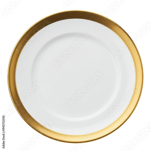 Elegant White Plate with Golden Rim, Perfect for Fine Dining Presentation isolated on white background