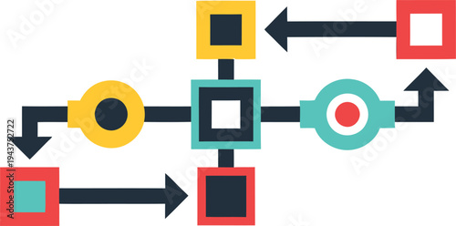 Colorful Geometric Design: A vibrant arrangement of interconnected shapes and arrows, symbolizing processes, connections, and strategic concepts.