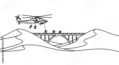 Helicopter drops soldiers onto desert bridge for military operation