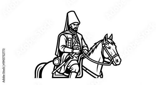 Historical Warrior on Horseback, Traditional Attire, Black and White Illustration
