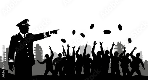 Military leader directing troops throwing grenades in destroyed city silhouette