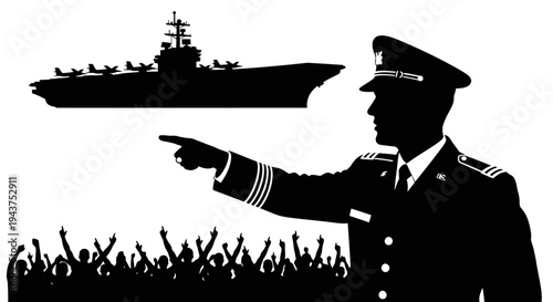 Military Leader Directs Aircraft Carrier and Crowd, Symbolizing Command and Support
