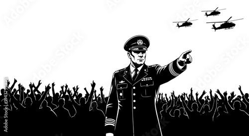 Military Leader Directs Helicopters Over Cheering Crowd, Symbolizing Authority and Power