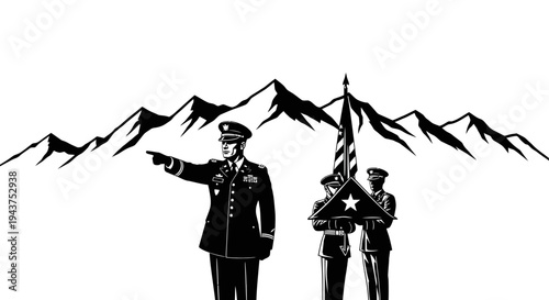 Military Leader Directs Troops with Flag in Mountainous Backdrop