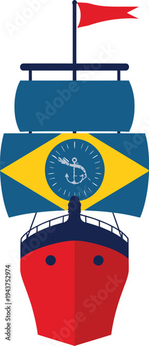 A colorful illustration of a ship with the Brazilian flag design on its hull and a red flag waving on top