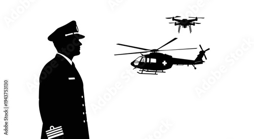 Military Officer Overseeing Drone and Helicopter Operations, Surveillance Technology
