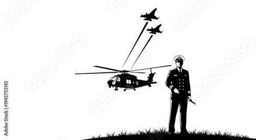 Military Officer Oversees Air Operations: Helicopter and Jets in Formation