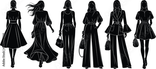 Elegant women fashion silhouettes showcasing modern dresses and trousers, stylish female outfits collection, runway inspired poses, minimal vector illustration isolated on white