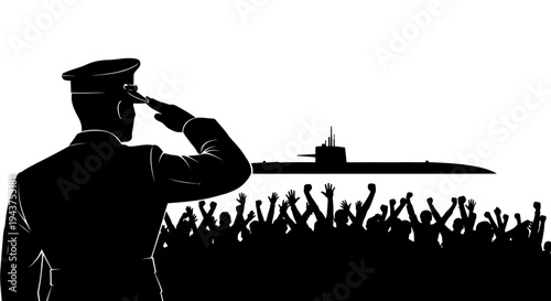 Military Officer Salutes Submarine and Crowd, Symbolizing Service and Homecoming