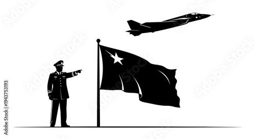 Military Officer Salutes Flag as Jet Flies Overhead